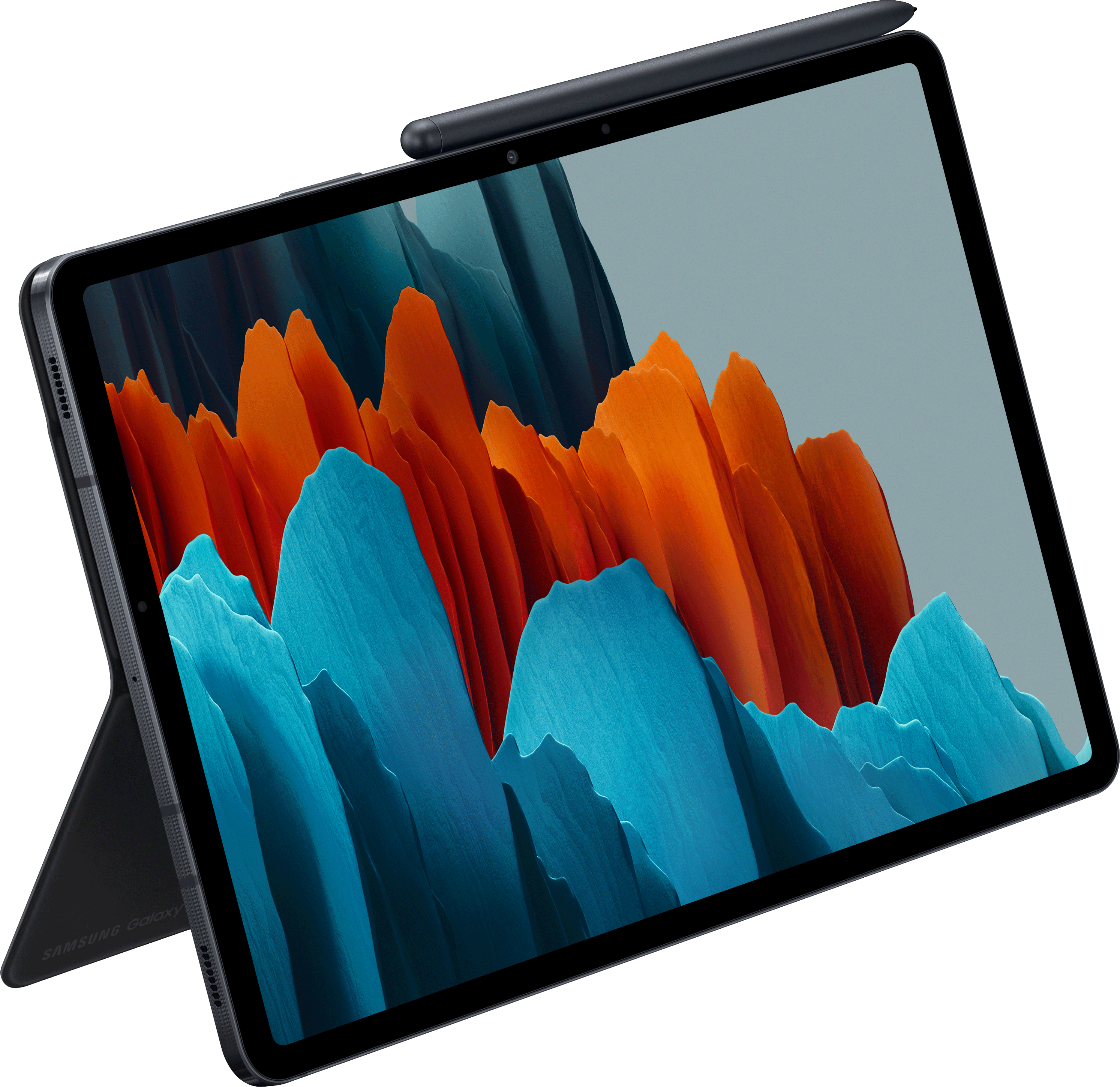 A black tablet with a stylus, displaying an abstract orange and blue wallpaper.