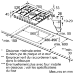Een schematische weergave van een kookplaat met afmetingen. De kookplaat is zwart.