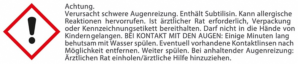 Warnzeichen: roter Diamant mit Ausrufezeichen. Text warnt vor Augenreizung, Allergen und rät zu ärztlicher Hilfe.