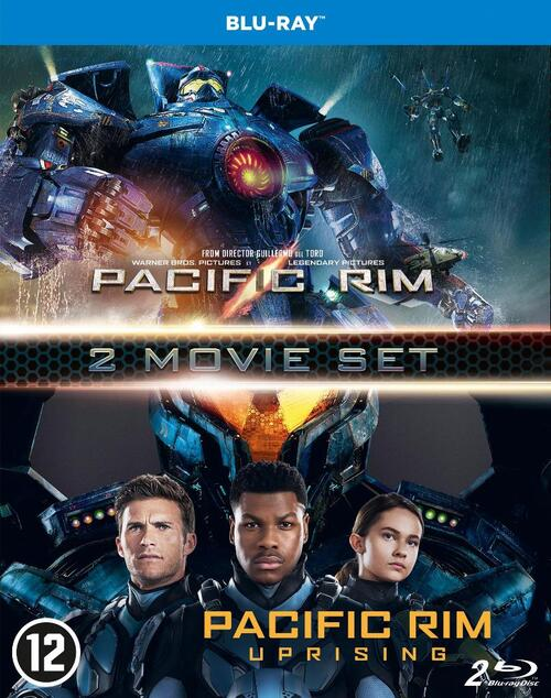 Pacific Rim 2-Movie Set Blu-ray-hoes. Toont robots en personages uit de actiefilm.