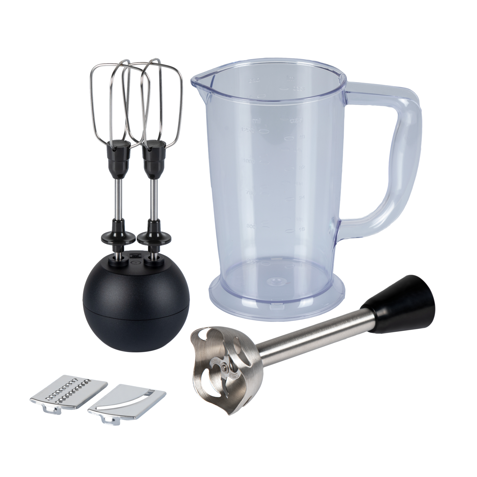 Bir blender için çırpıcılar, sürahi ve bıçaklar dahil olmak üzere beyaz zemin üzerinde bir parça seti.