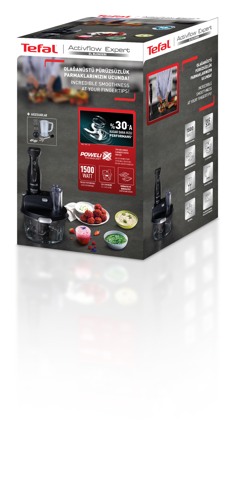 Tefal Activflow Expert blender kutusu, bir blender, aksesuarlar ve yiyecek resimleri ile.