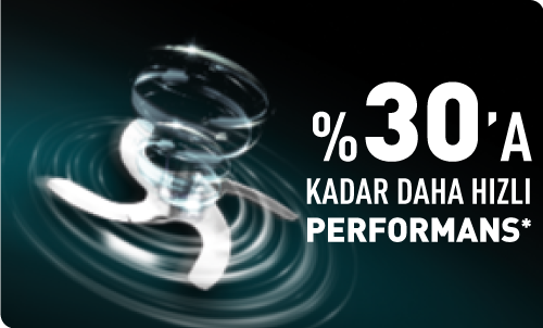 Görüntü, metinle birlikte dönen bir tasarım gösteriyor: %30'a varan daha hızlı performans. Siyah zemin.