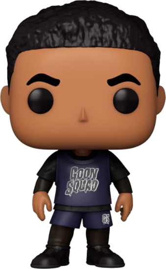 Une figurine Funko Pop d'un personnage masculin noir en uniforme de basket-ball violet et bleu, avec 'GOON SQUAD'.