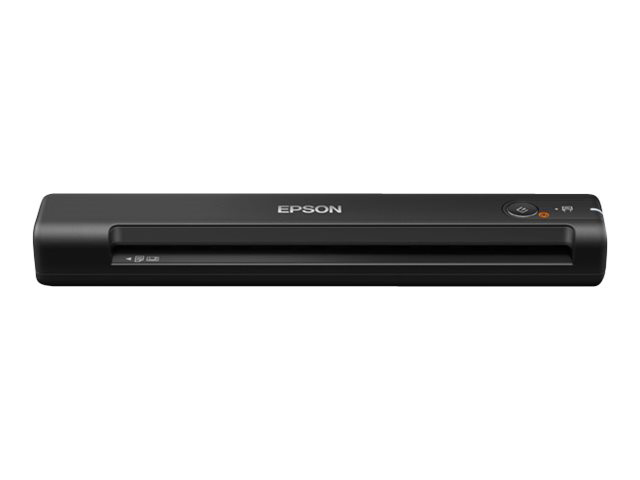Schwarzer tragbarer Epson-Scanner mit Ein-/Aus-Taste und kleiner Statusleuchte.