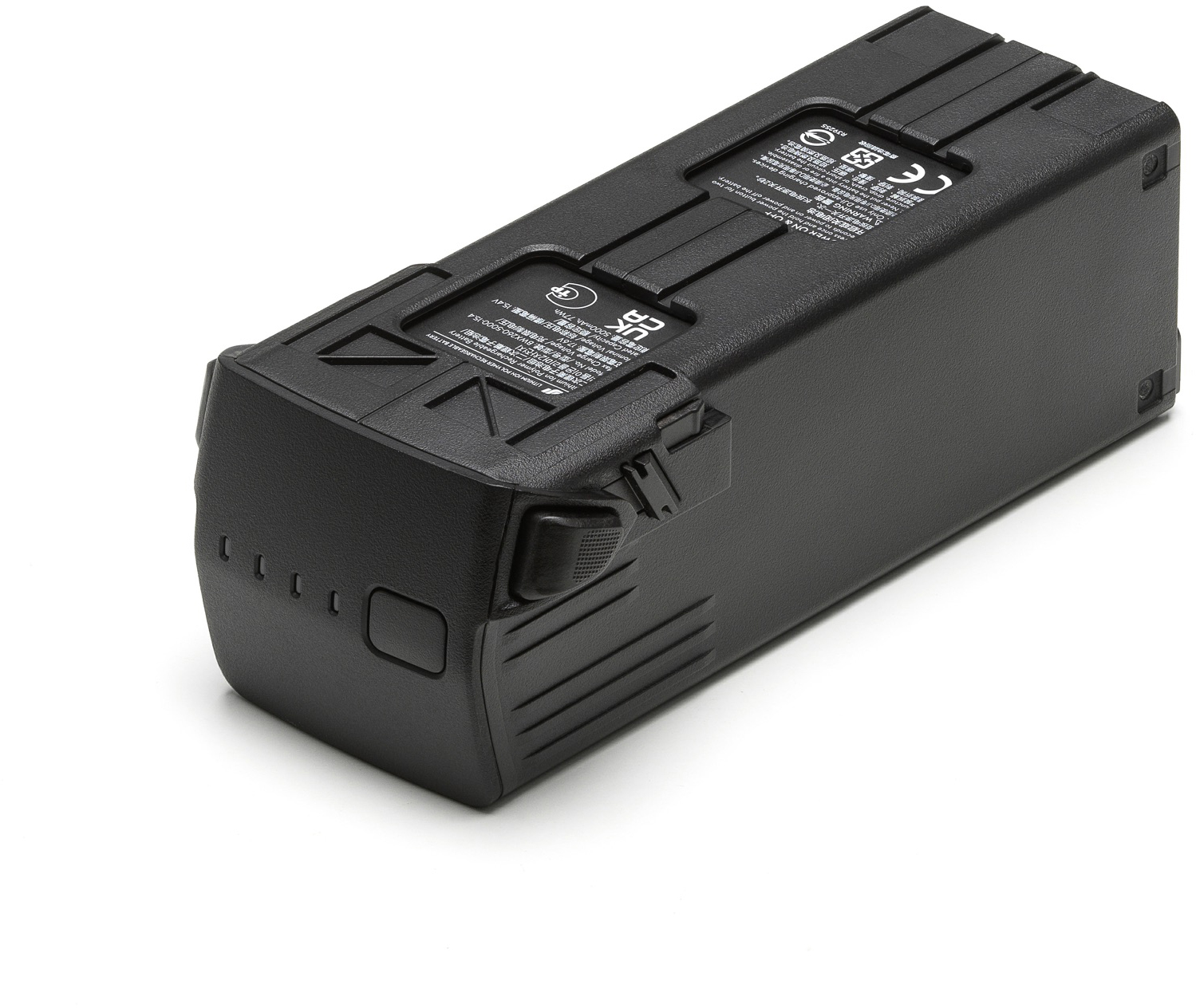 Zwarte dronebatterij op wit. De batterij heeft tekst en een knop. Witte achtergrond.
