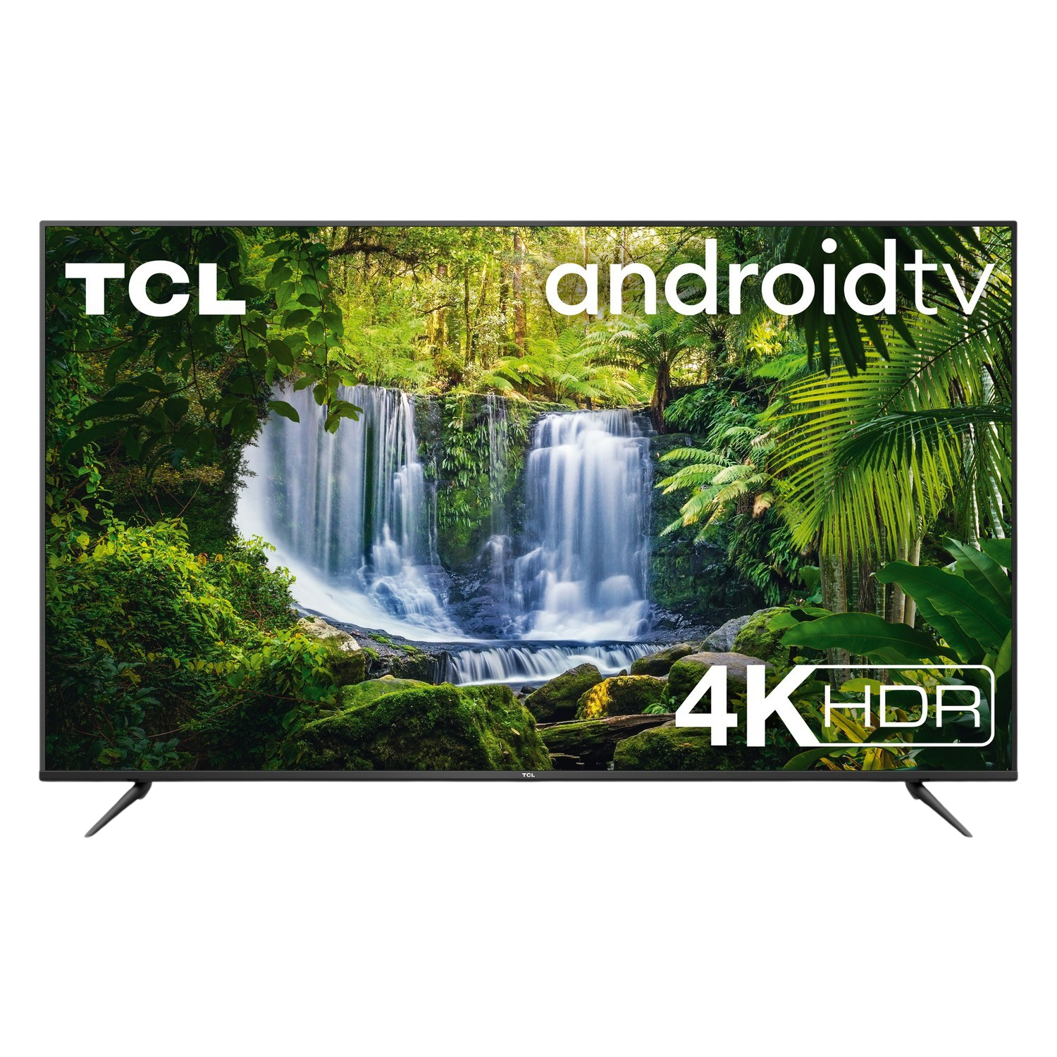 TV TCL Android mostrando una escena de cascada, con etiquetas 4K HDR y androidtv.