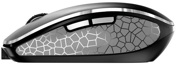 Schwarze Maus mit silberner Linie. Sie hat zwei Tasten und ein Scrollrad. Die Seite hat ein geometrisches Muster.