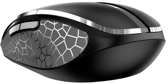 Eine schwarze Maus mit strukturiertem Panel, Scrollrad und silbernen Akzenten. Sie hat Seitentasten.