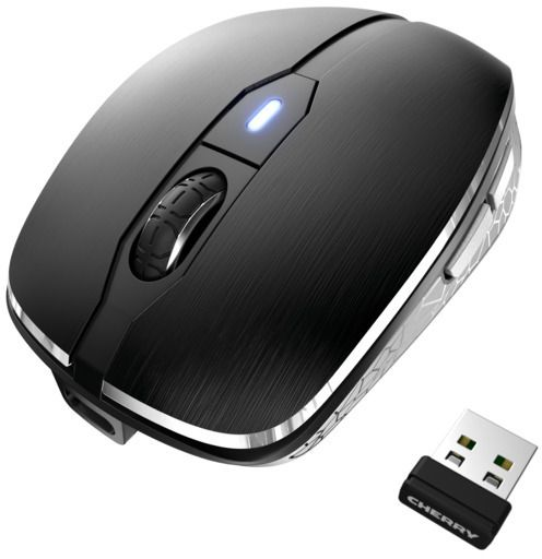Schwarze kabellose Maus mit USB-Empfänger. Silberne Zierleiste und Scrollrad.