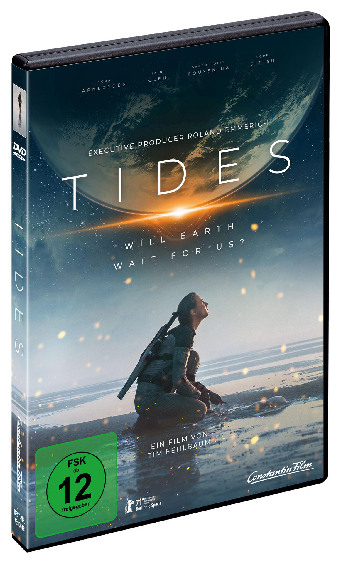 DVD-Cover des Films Tides, mit einer Frau, die zu einem Planeten und Sternen aufblickt.