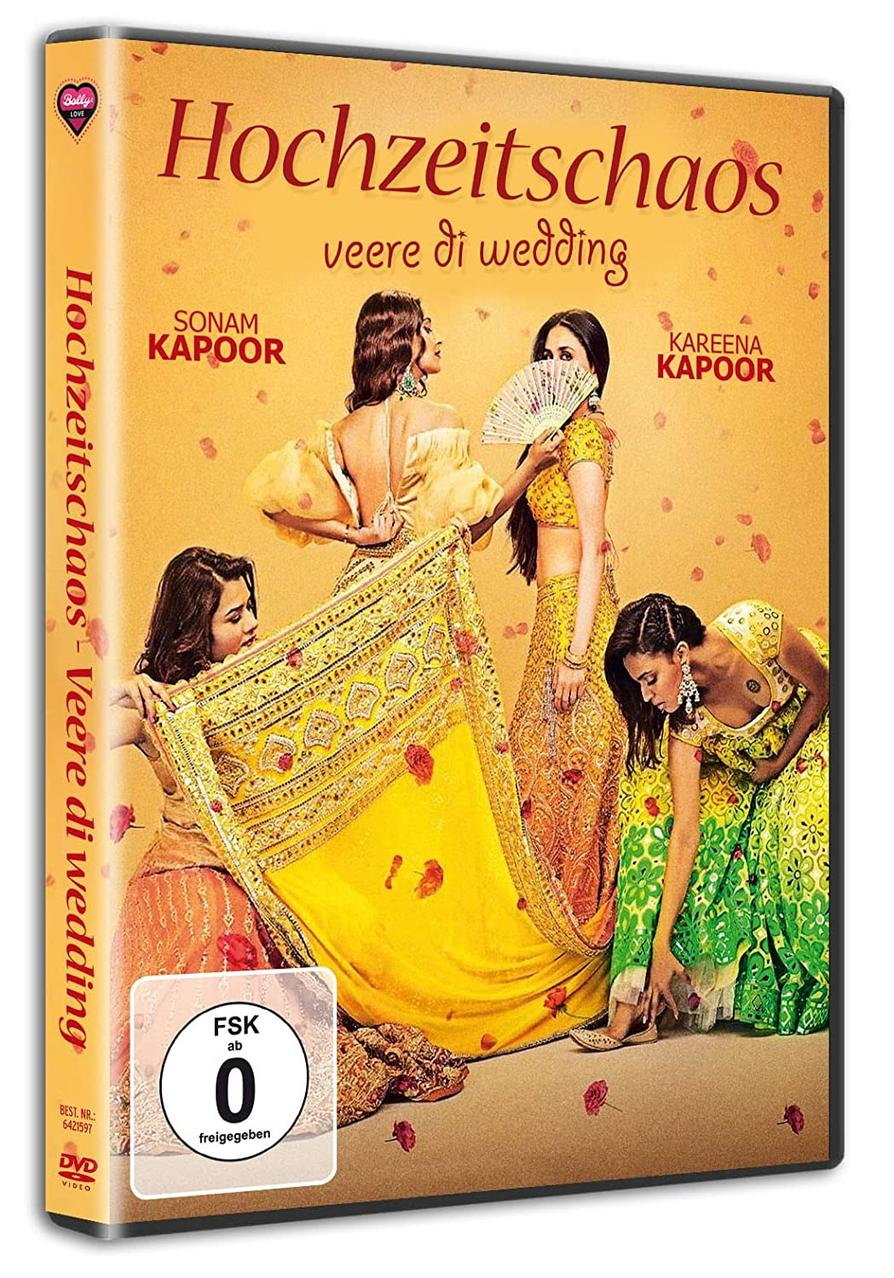 DVD-Cover von "Hochzeitschaos - Veere di wedding" mit vier Frauen, indischer Kleidung und gelbem Thema.