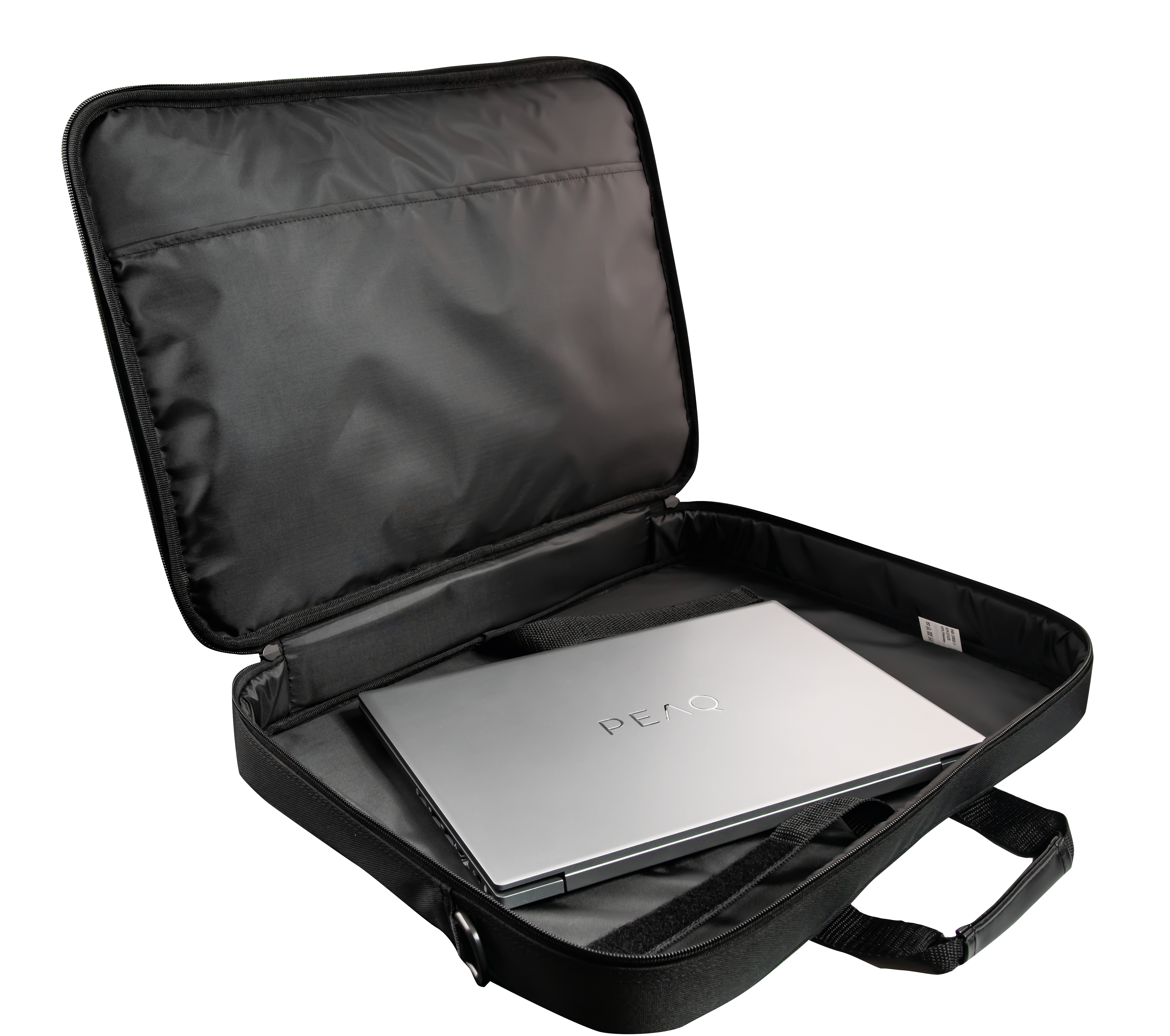 Ein schwarzer Laptop in einer offenen schwarzen Laptoptasche mit Griffen und Schulterriemen.