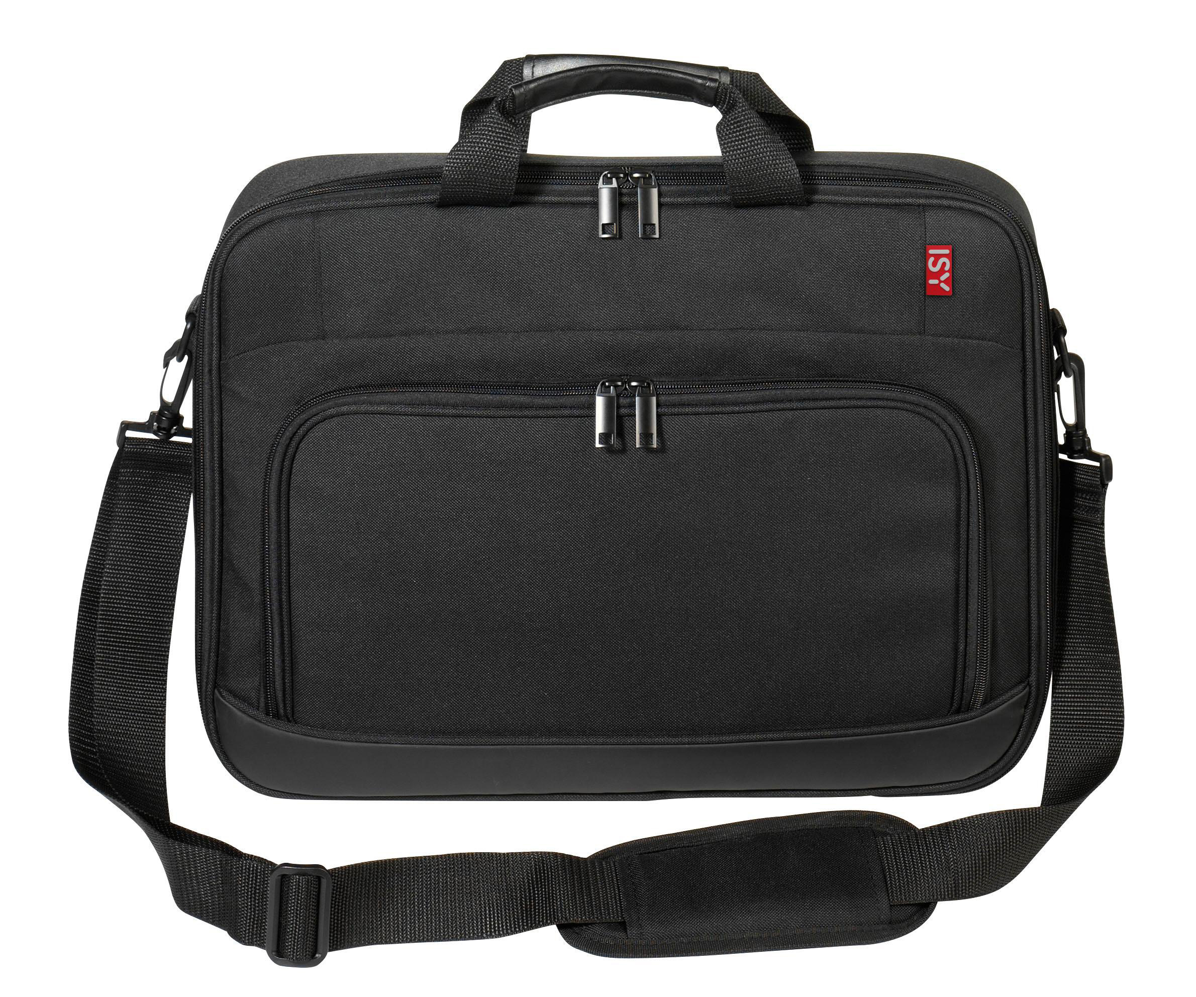 Schwarze Laptoptasche mit zwei Reißverschlussfächern und Schultergurt.