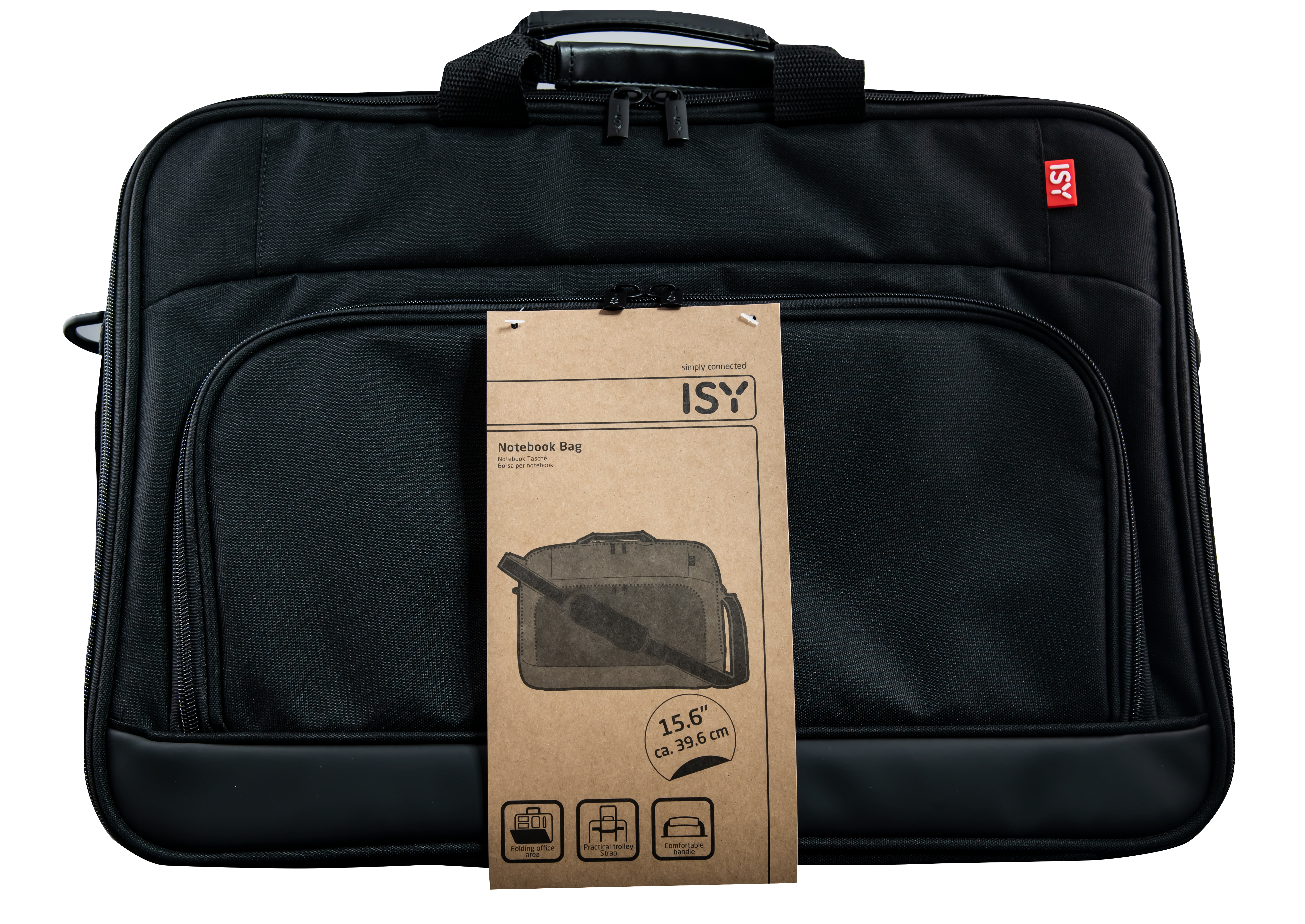 Schwarze ISY Laptoptasche mit Anhänger. Die Tasche liegt auf weißem Untergrund.