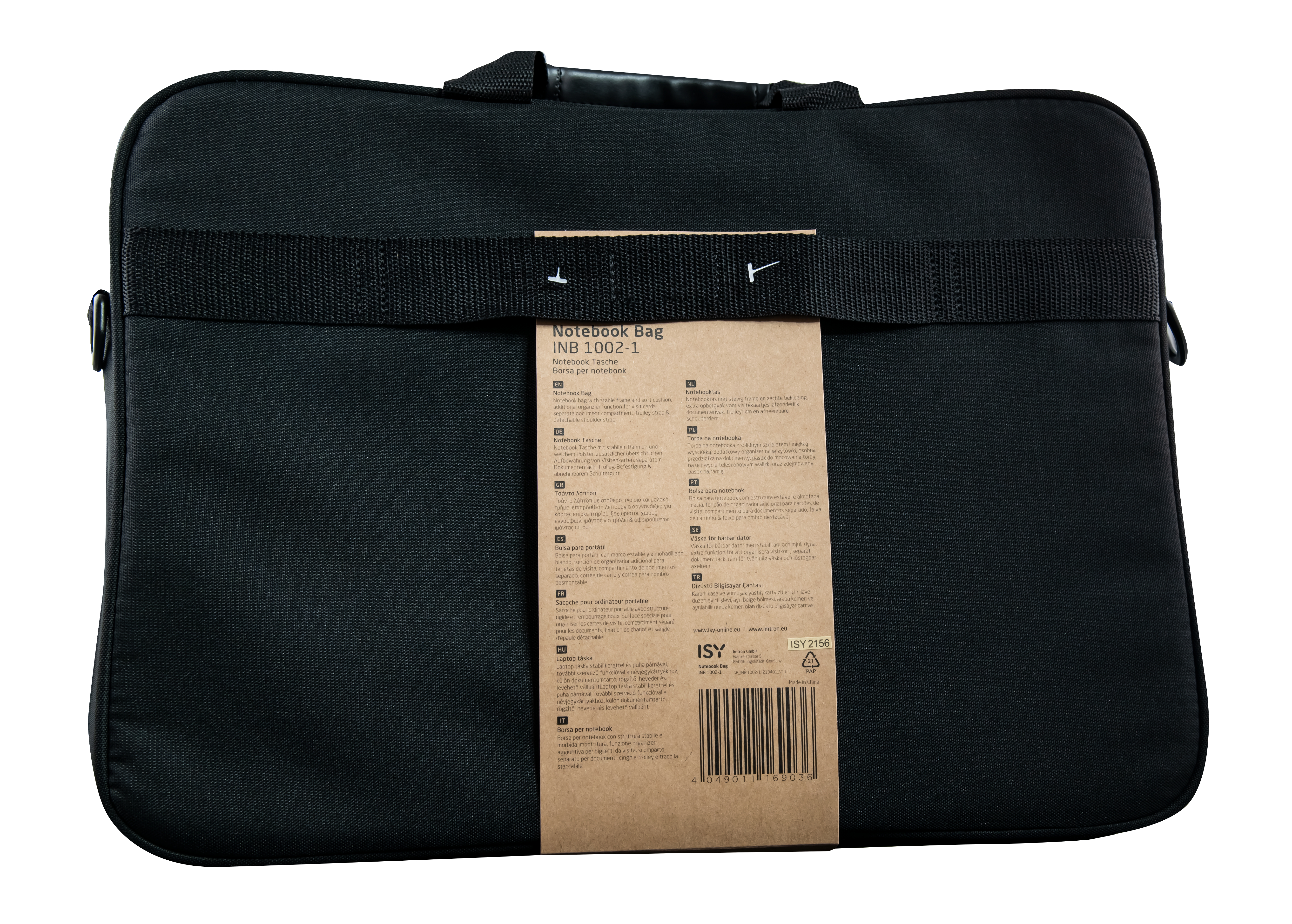 Schwarze Laptoptasche mit Etikett, weißer Hintergrund.