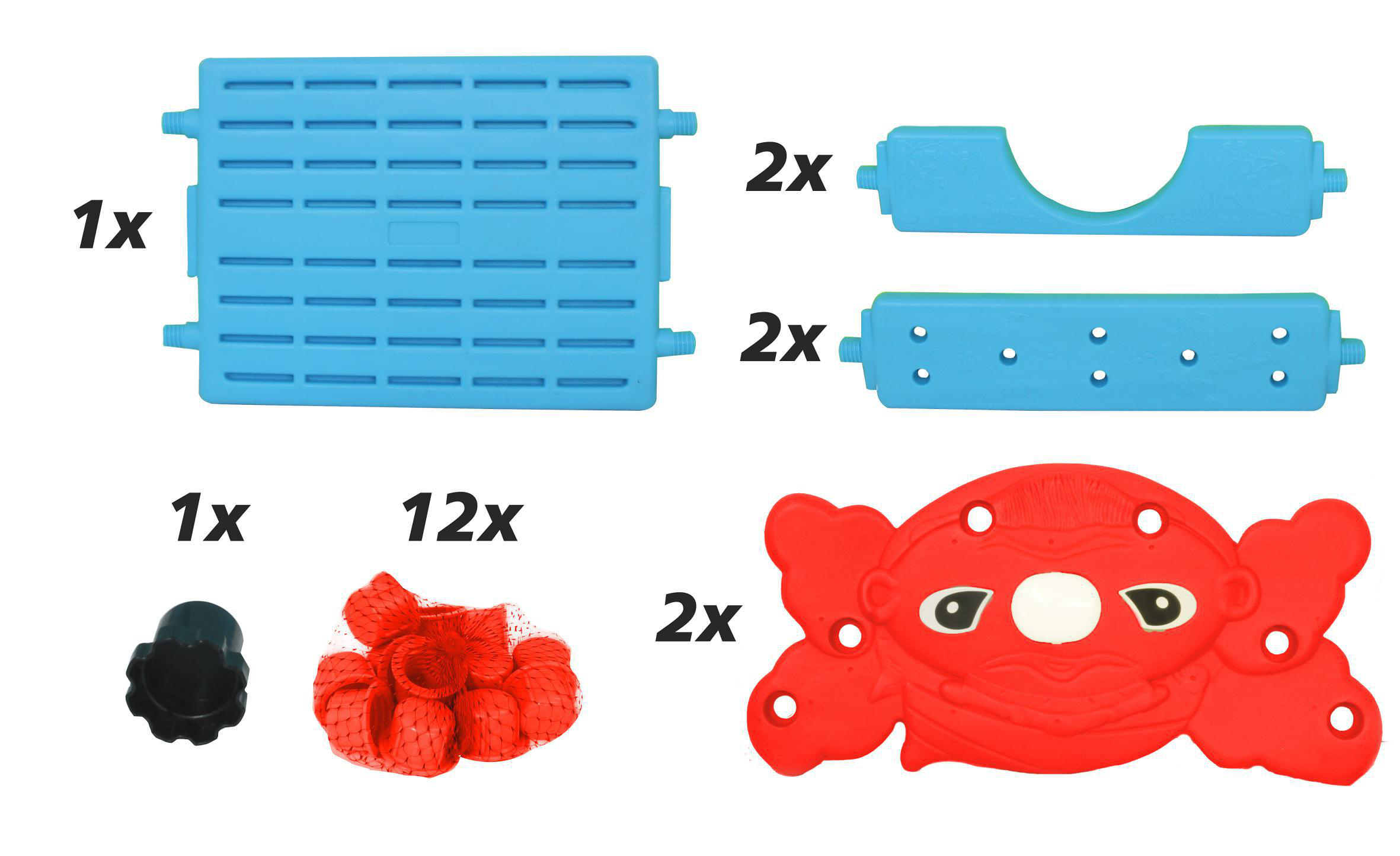 Montagekomponenten: blaue Basis, blaue Bögen, rote Krabbe, schwarzer Verbinder und rote Netztaschen.