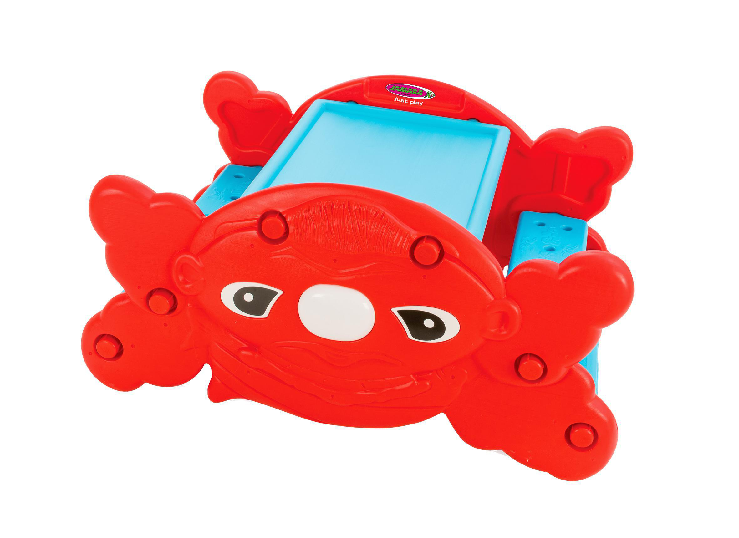 Rotes Kunststoff-Spielzeug in Krabbenform mit blauer Zeichenfläche.