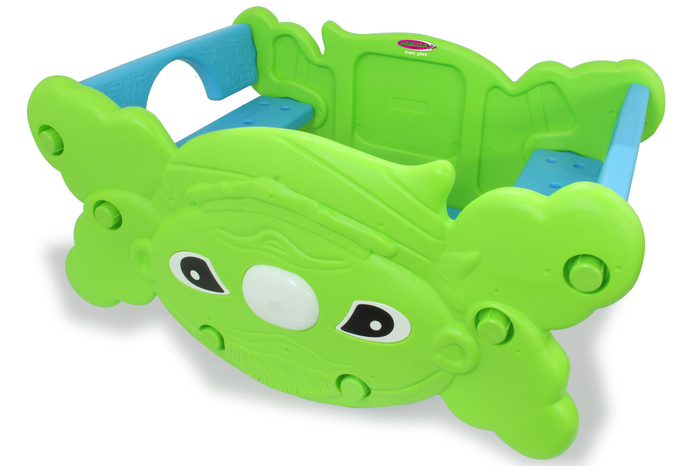Grünes Plastikspielzeug mit Gesichtsdesign für Kinder zum Spielen.