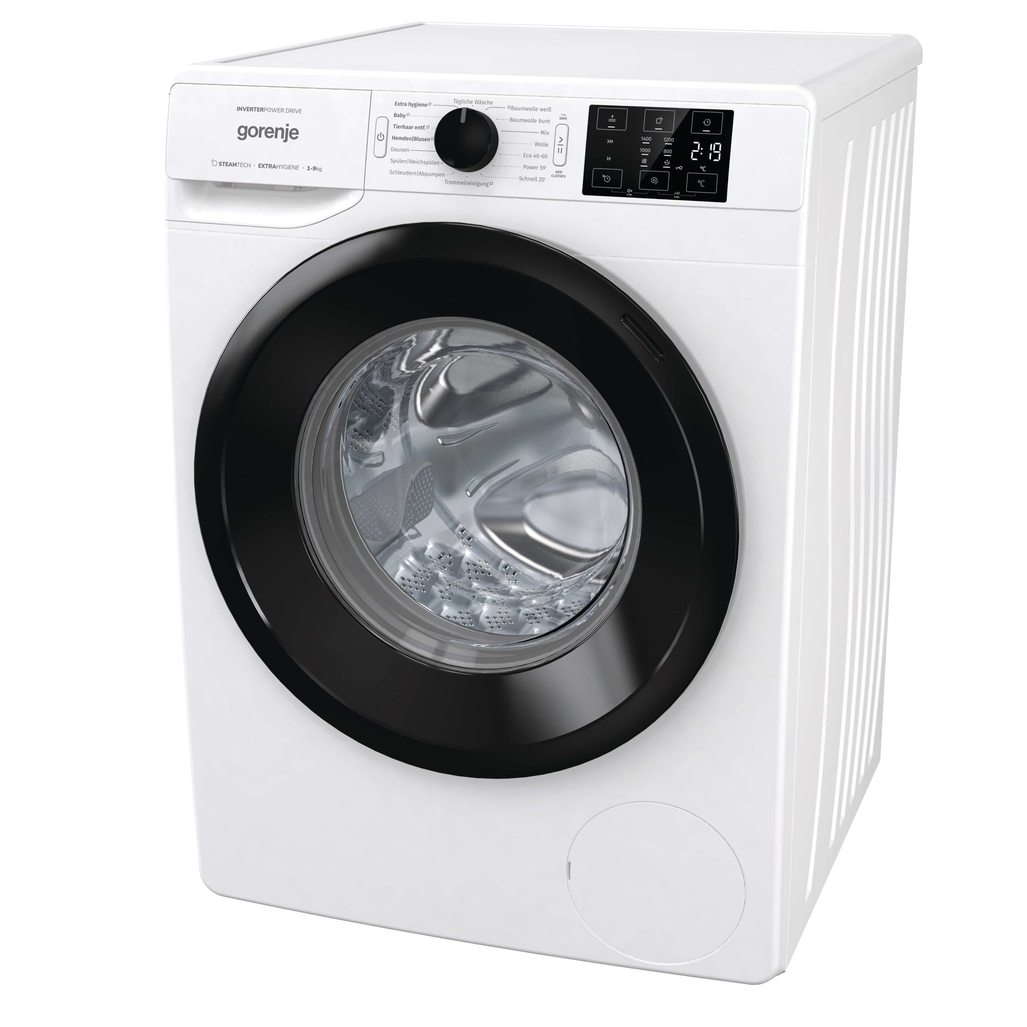 Weiße Waschmaschine mit schwarzer Tür. Anzeige zeigt die Uhrzeit. Gorenje-Branding sichtbar.