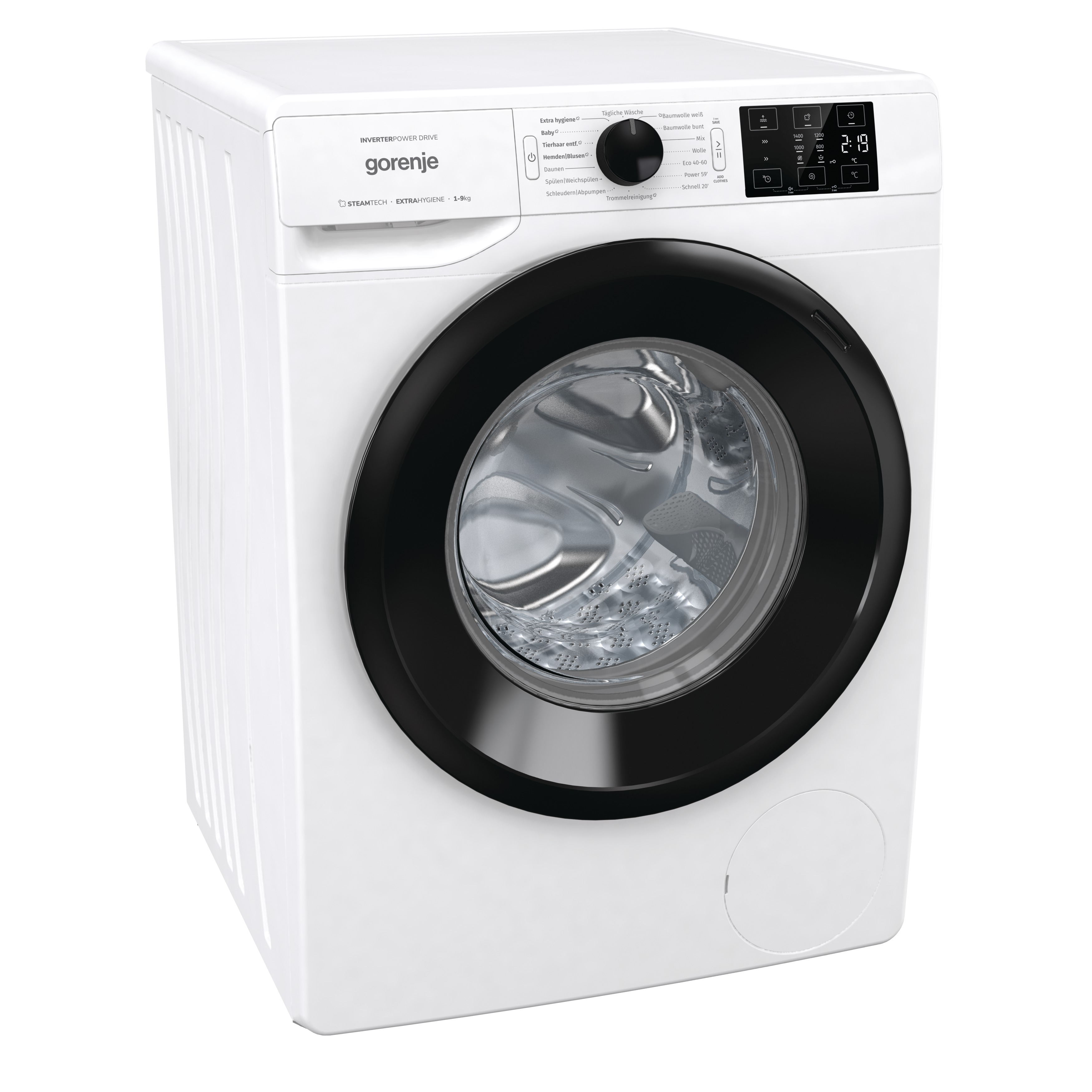 Weiße Waschmaschine mit schwarzer Tür und Bedienfeld.