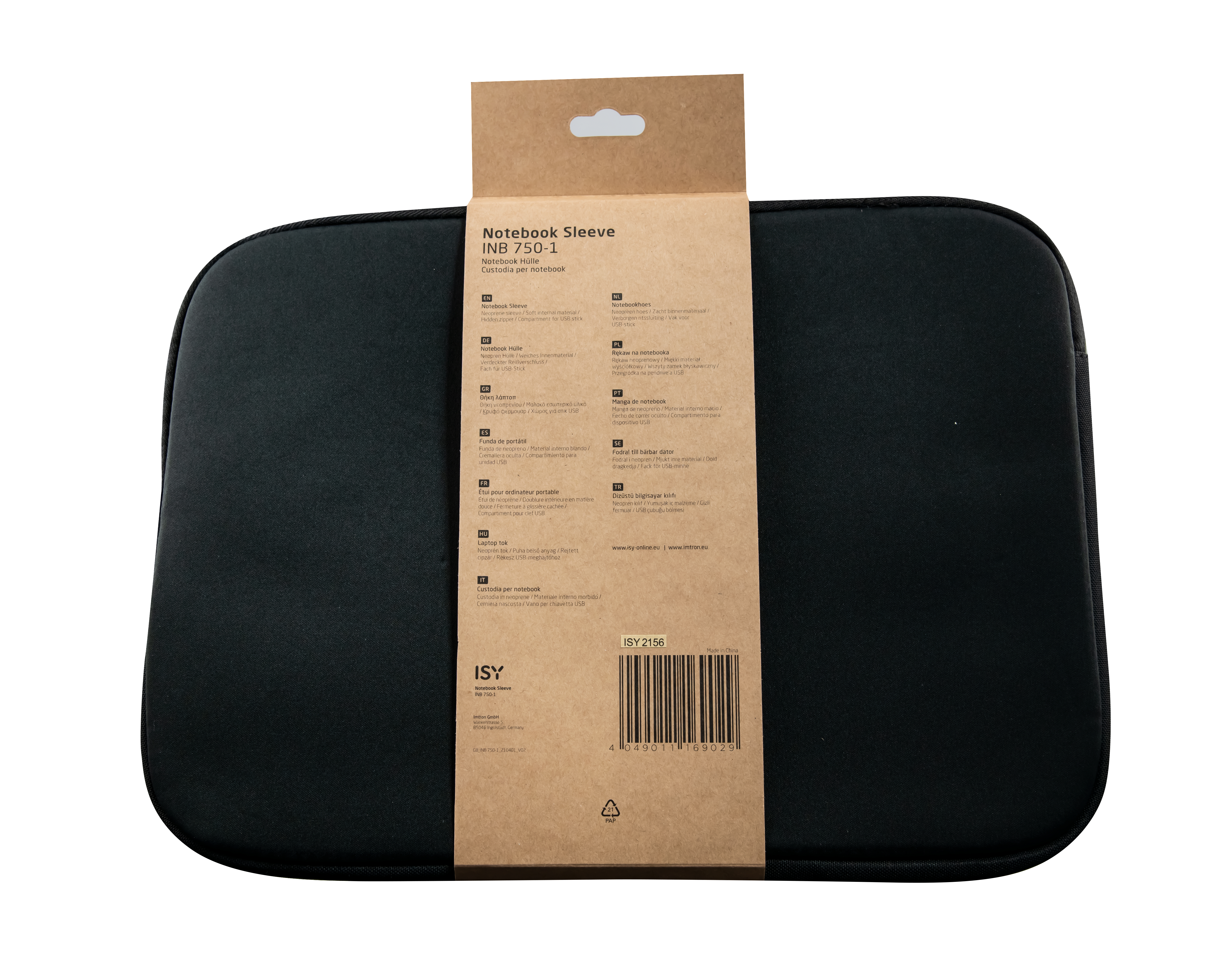 Eine schwarze Laptoptasche mit Text in mehreren Sprachen.