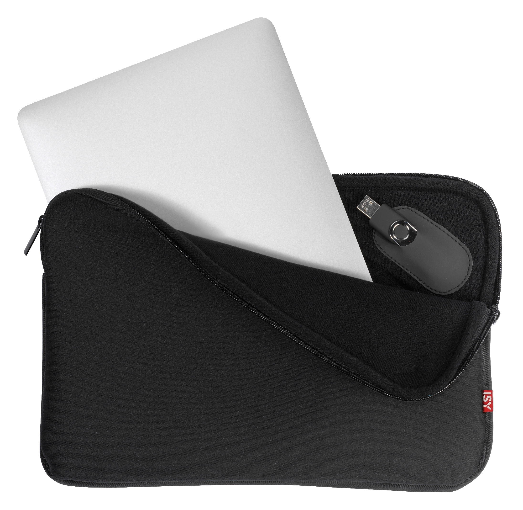 Schwarze Laptoptasche mit silbernem Laptop und USB-Stick.