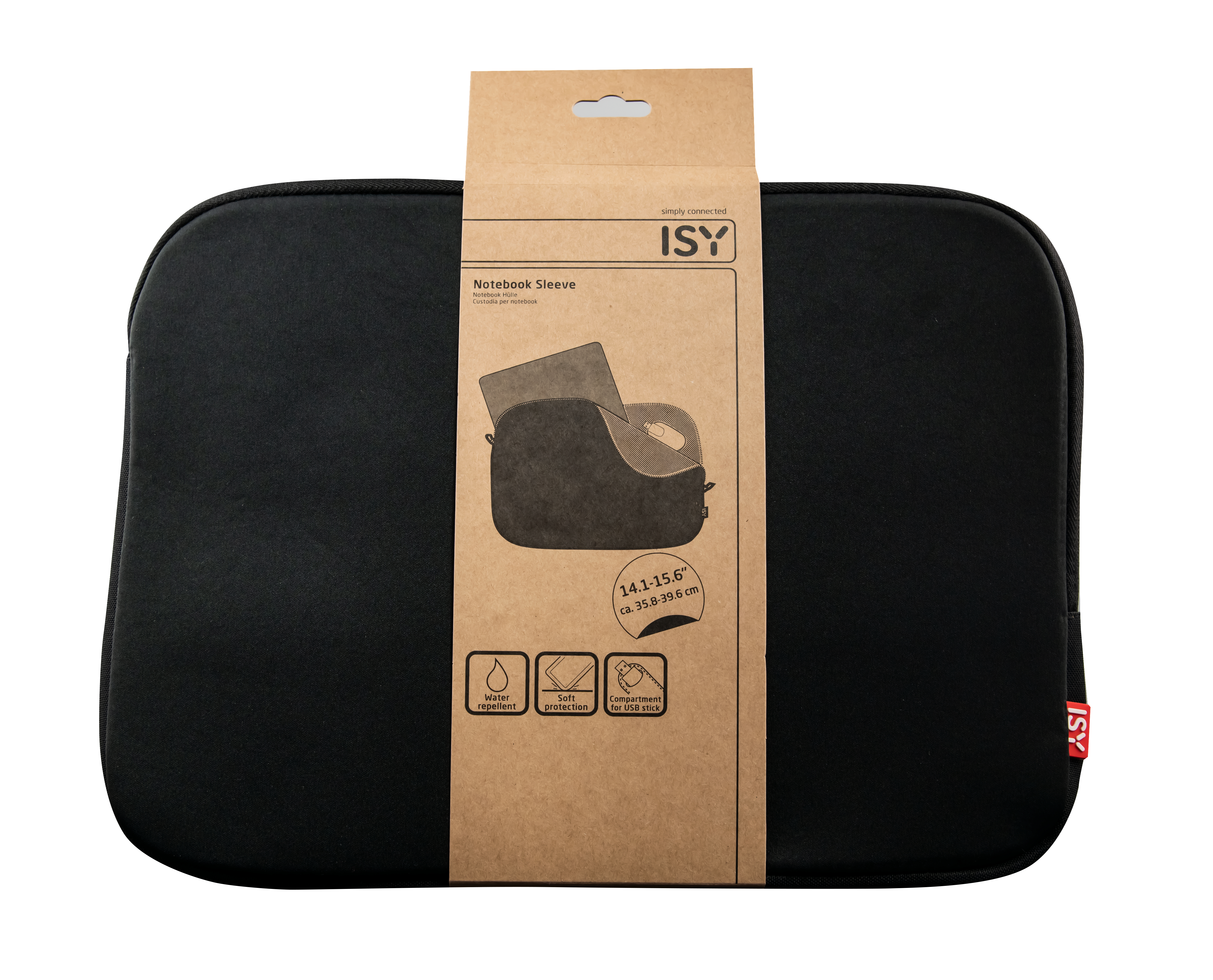 Schwarze Laptoptasche mit braunem Pappschild und Laptop-Bild.