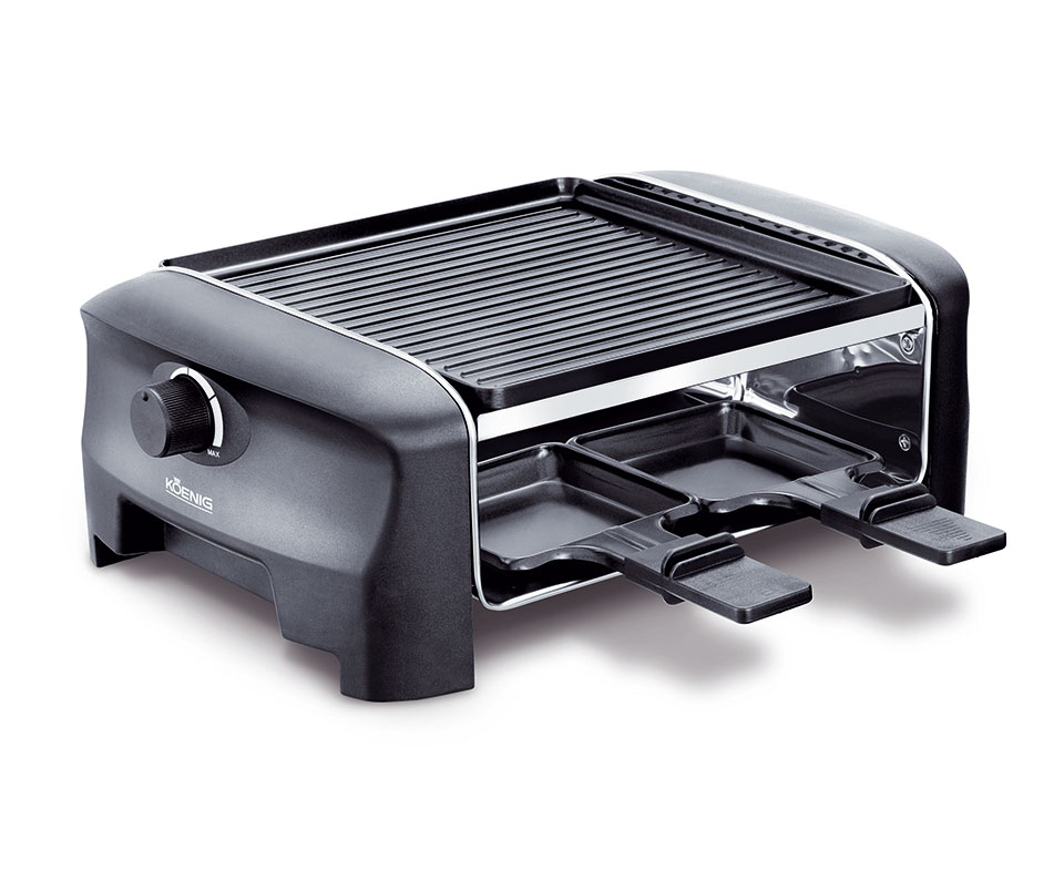 Ein schwarz-silberner Raclette-Grill mit zwei Käseschalen und einer Grillfläche.