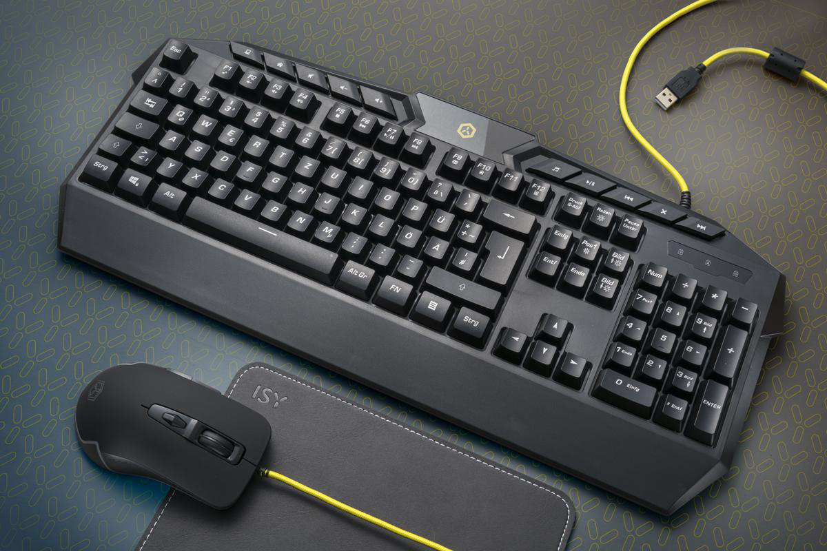 ISY IGK-1000-1, Gaming Tastatur mit gelber LED-Hintergrundbeleuchtung, Rubberdome, Sonstiges, Kabelgebunden, Schwarz/Gelb