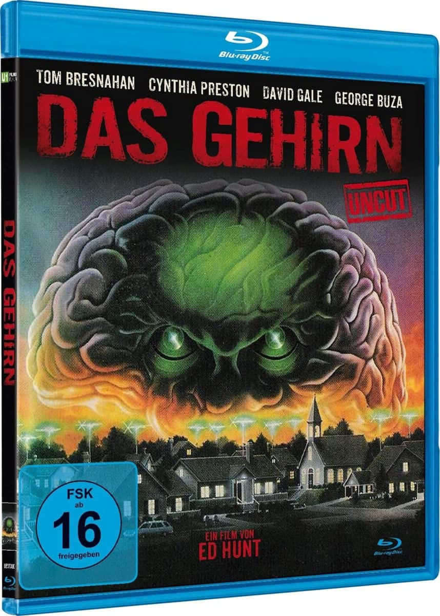 Blu-ray-Filmcover. Zeigt ein Gehirn mit grünen Augen und eine Stadt im Hintergrund. Titel: Das Gehirn.