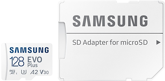 A white SD adapter and a MicroSD card with the Samsung logo. They are on a white background.