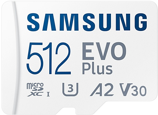 Een witte en blauwe Samsung MicroSD-kaart met EVO Plus-merk. De kaart heeft tekst en een micro SD-symbool.