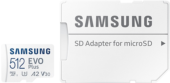 Witte Samsung SD-kaart en adapter voor MicroSD, op een witte achtergrond.