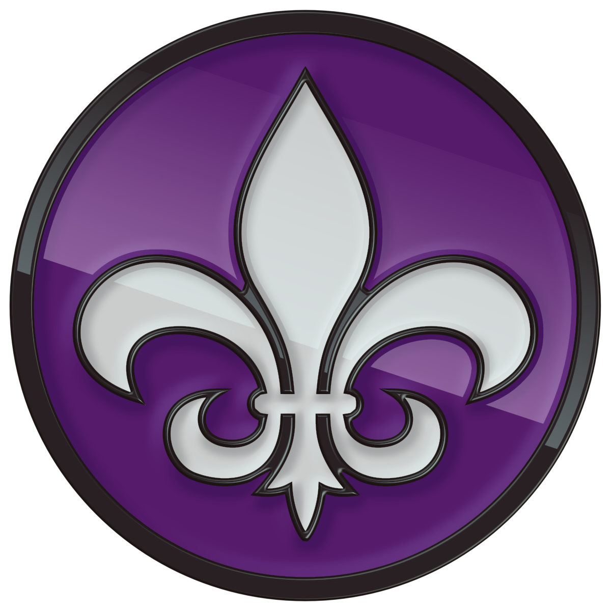 Un logotipo redondo morado con un símbolo de flor de lis blanco en el interior, sobre un fondo negro.