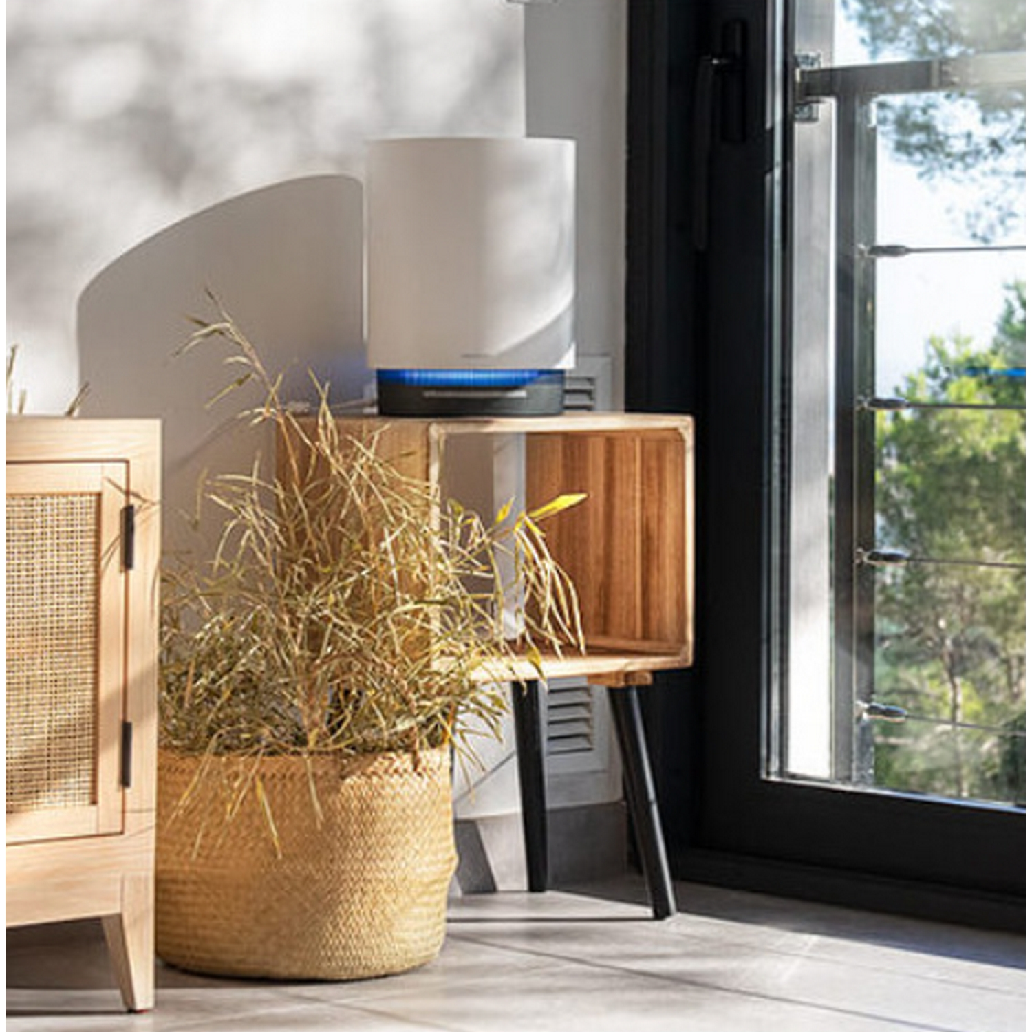 Una habitación con una cesta de plantas, una lámpara blanca y una mesa de madera. Una ventana con árboles al fondo.