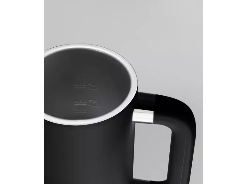 Close-up of a black electric kettle interior with fill lines.