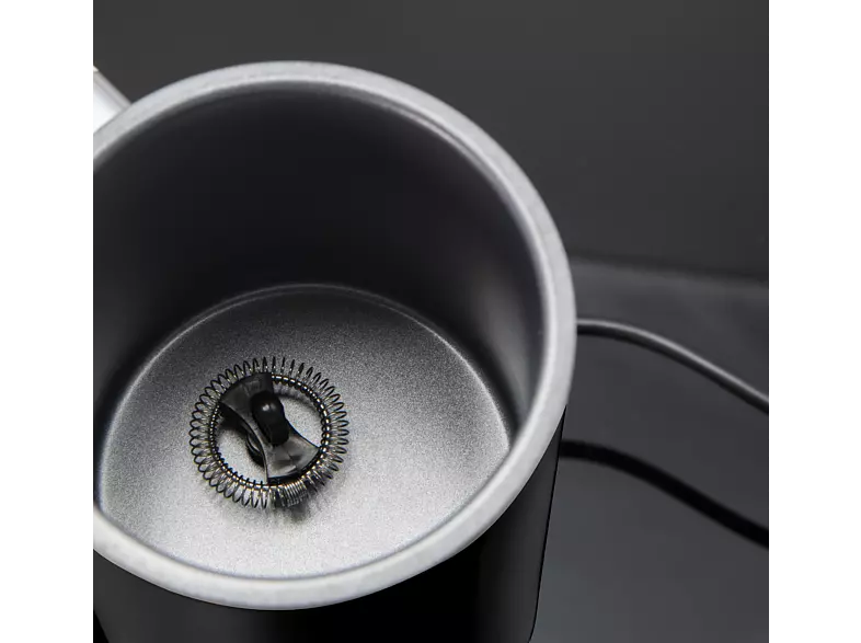 Electric milk frother, black, stainless steel interior.
