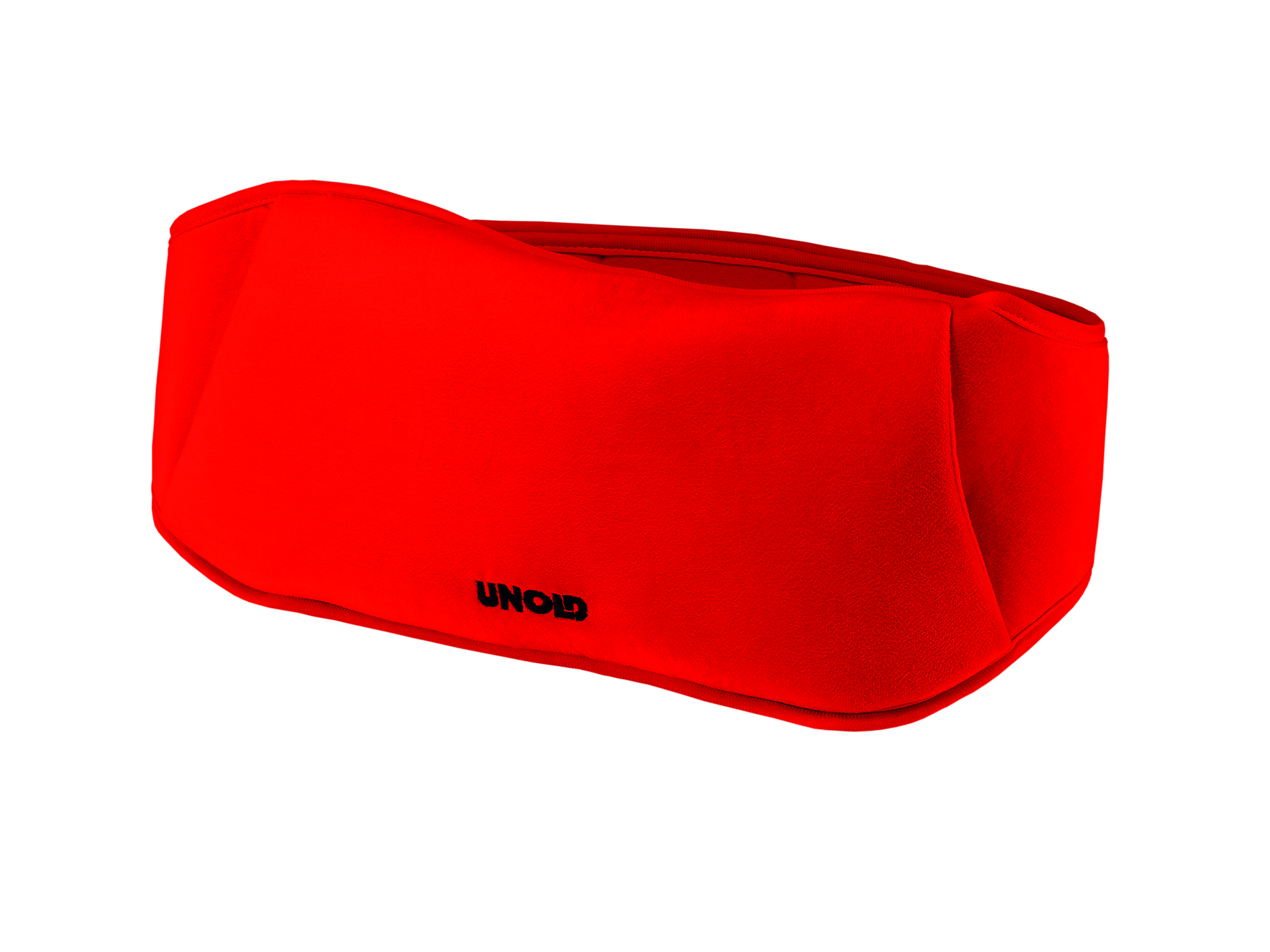 Ein rotes Stirnband. Das Band ist rechteckig mit abgerundeten Ecken und dem Wort 'UNOLD' in Schwarz.