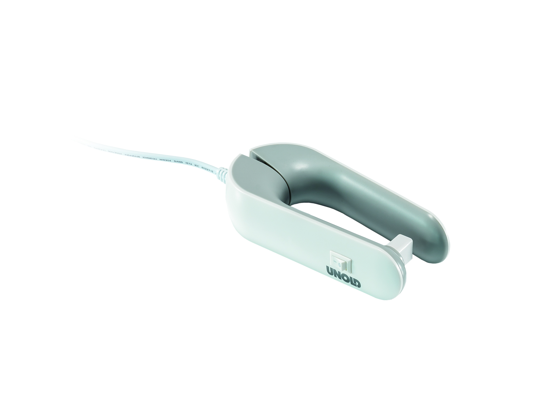Ein weiß-grauer Unold-Kleidungsdampfer. Er hat einen Griff, einen Dampfkopf und ein weißes Kabel.