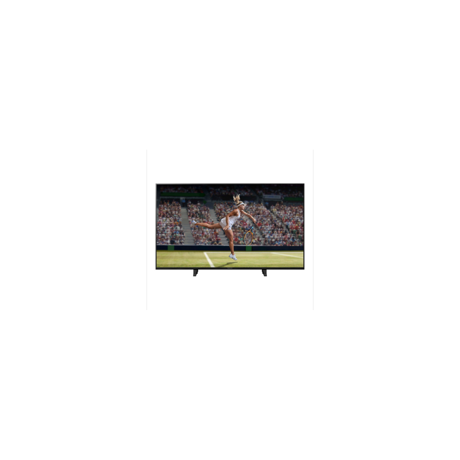 Pantalla de TV con un partido de tenis. El televisor está en un soporte.