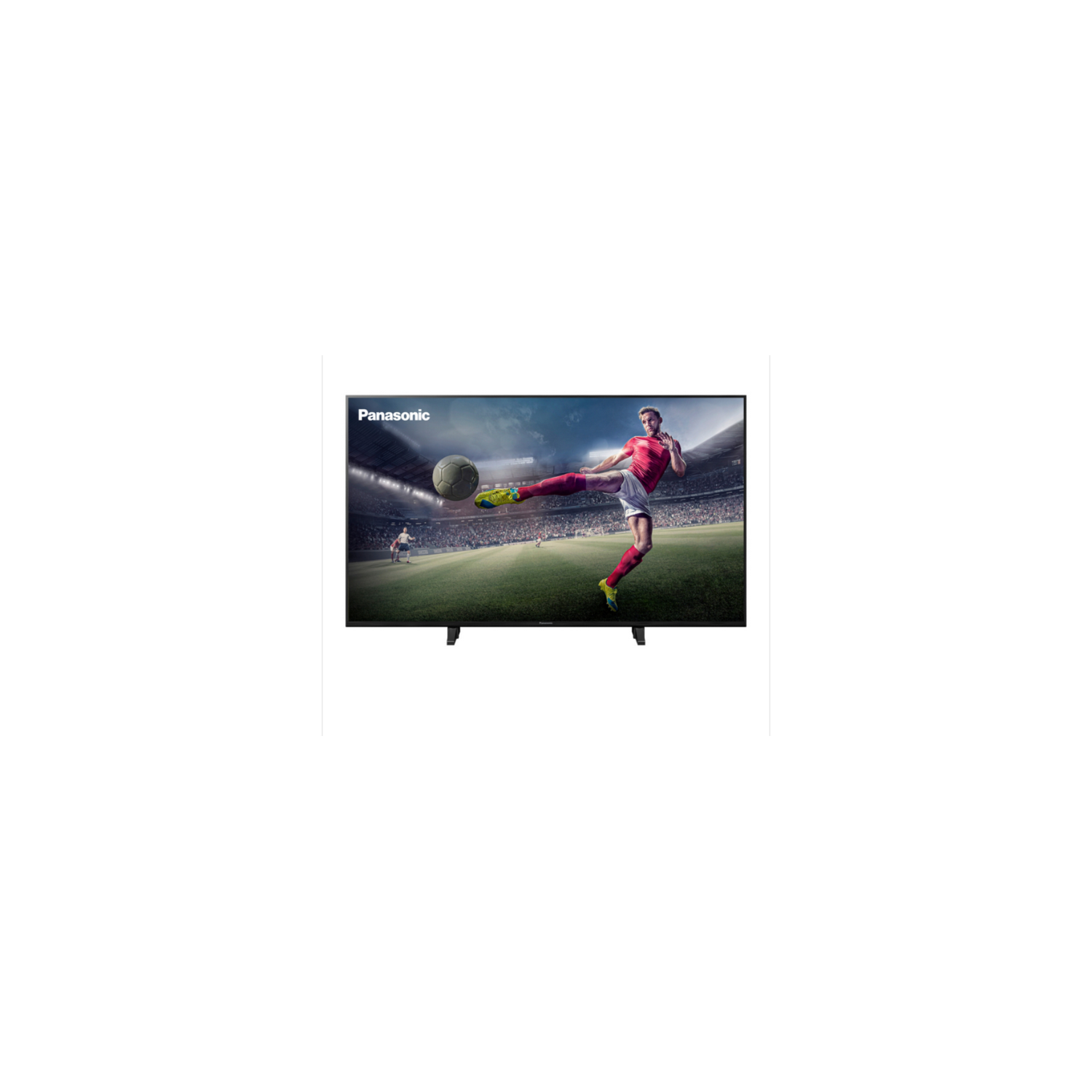 Un televisor Panasonic muestra a un futbolista pateando un balón. Estadio de fondo, logo Panasonic.