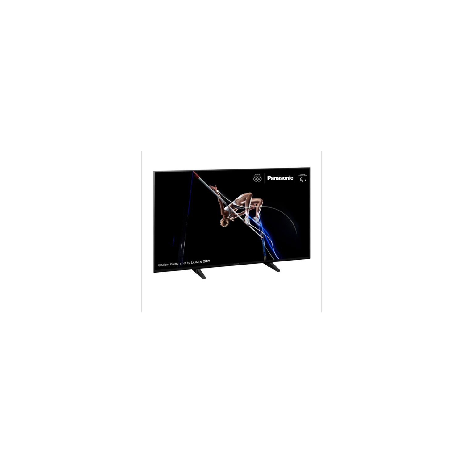 Una pantalla de televisión que muestra a una gimnasta. El logotipo de Panasonic es visible.