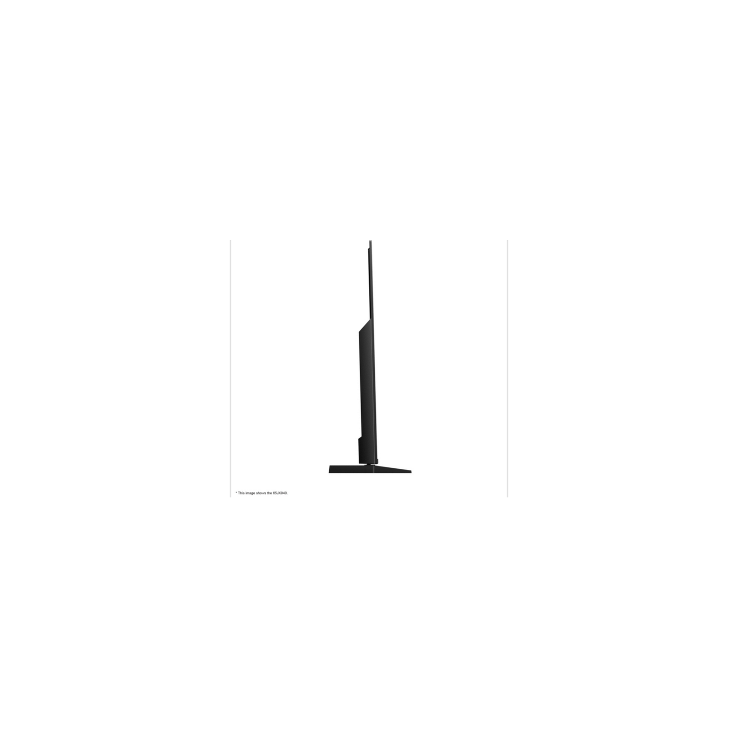 Un televisor de lado, pantalla y soporte negros, contra un fondo blanco.