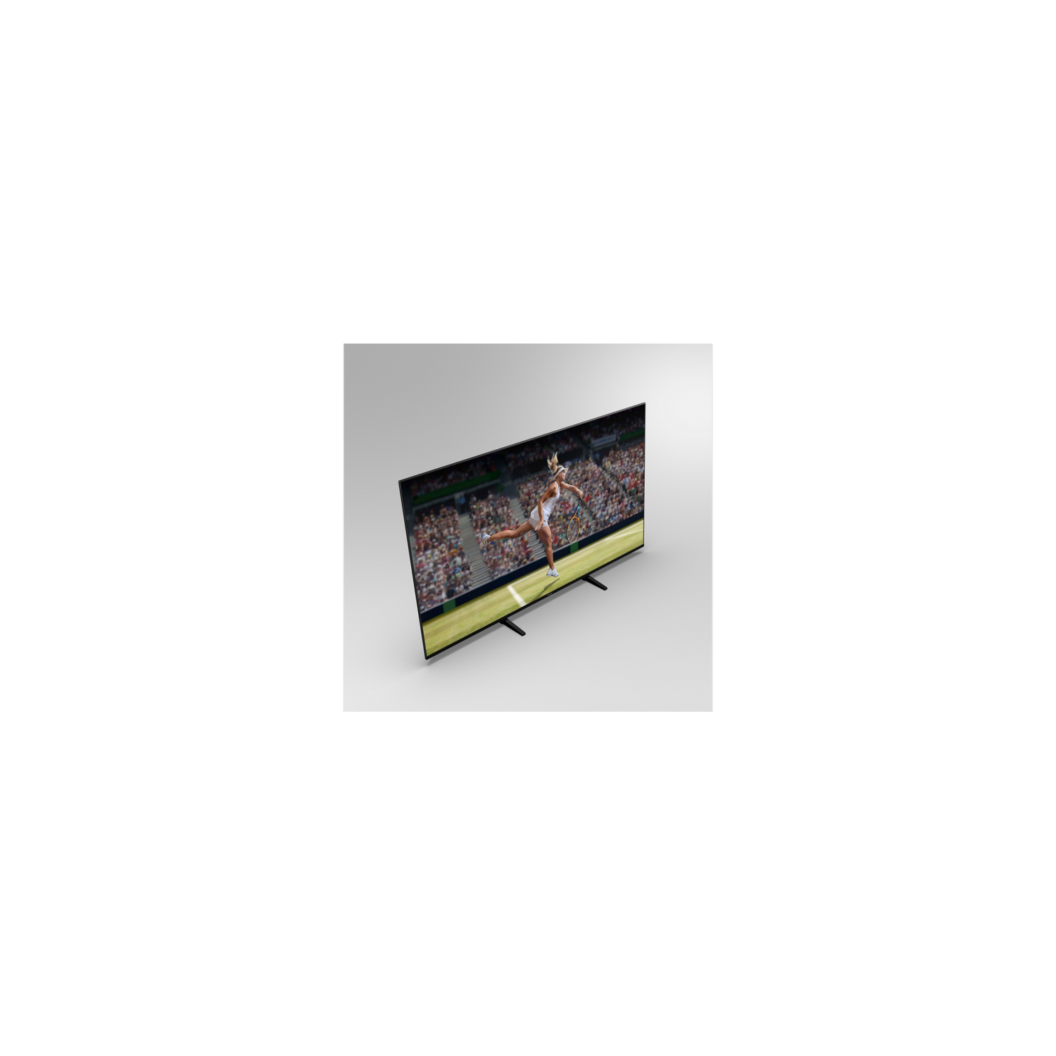 Un televisor muestra un partido de tenis, con un jugador en acción, visto desde un ángulo.