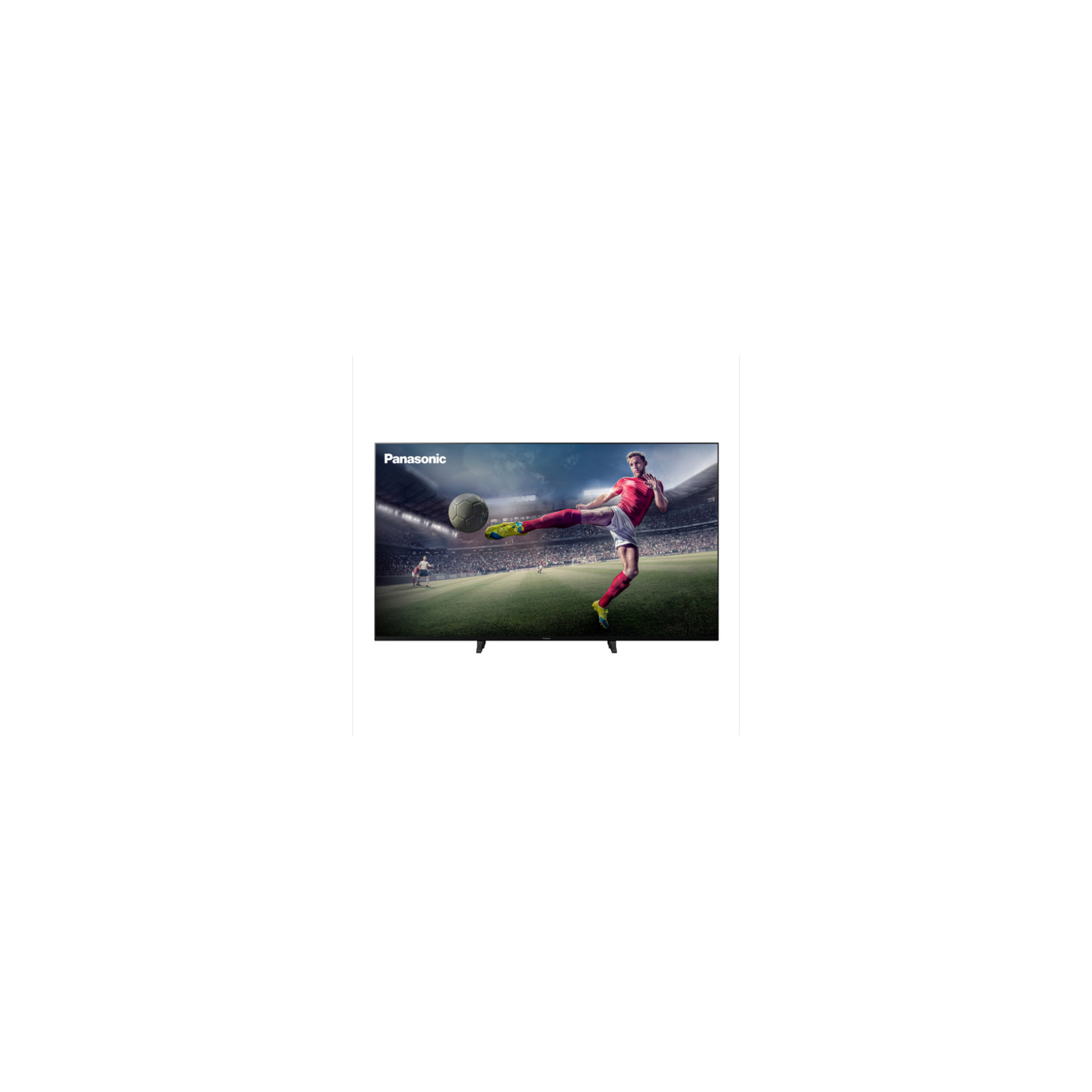 Un televisor Panasonic muestra un partido de fútbol con un jugador pateando el balón. El público está en el fondo.