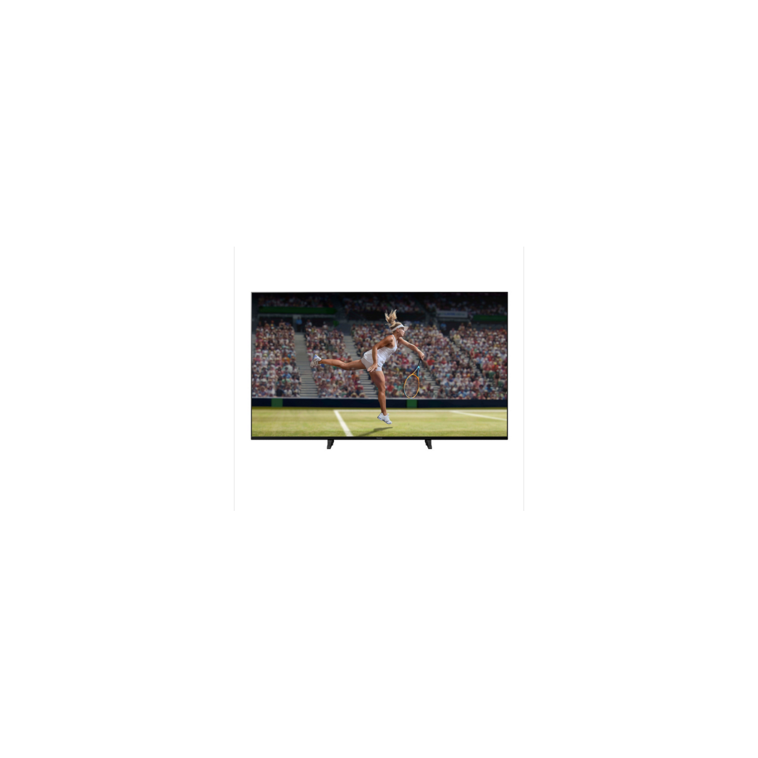 Televisor grande con un partido de tenis en pantalla, flanqueado por barras negras.