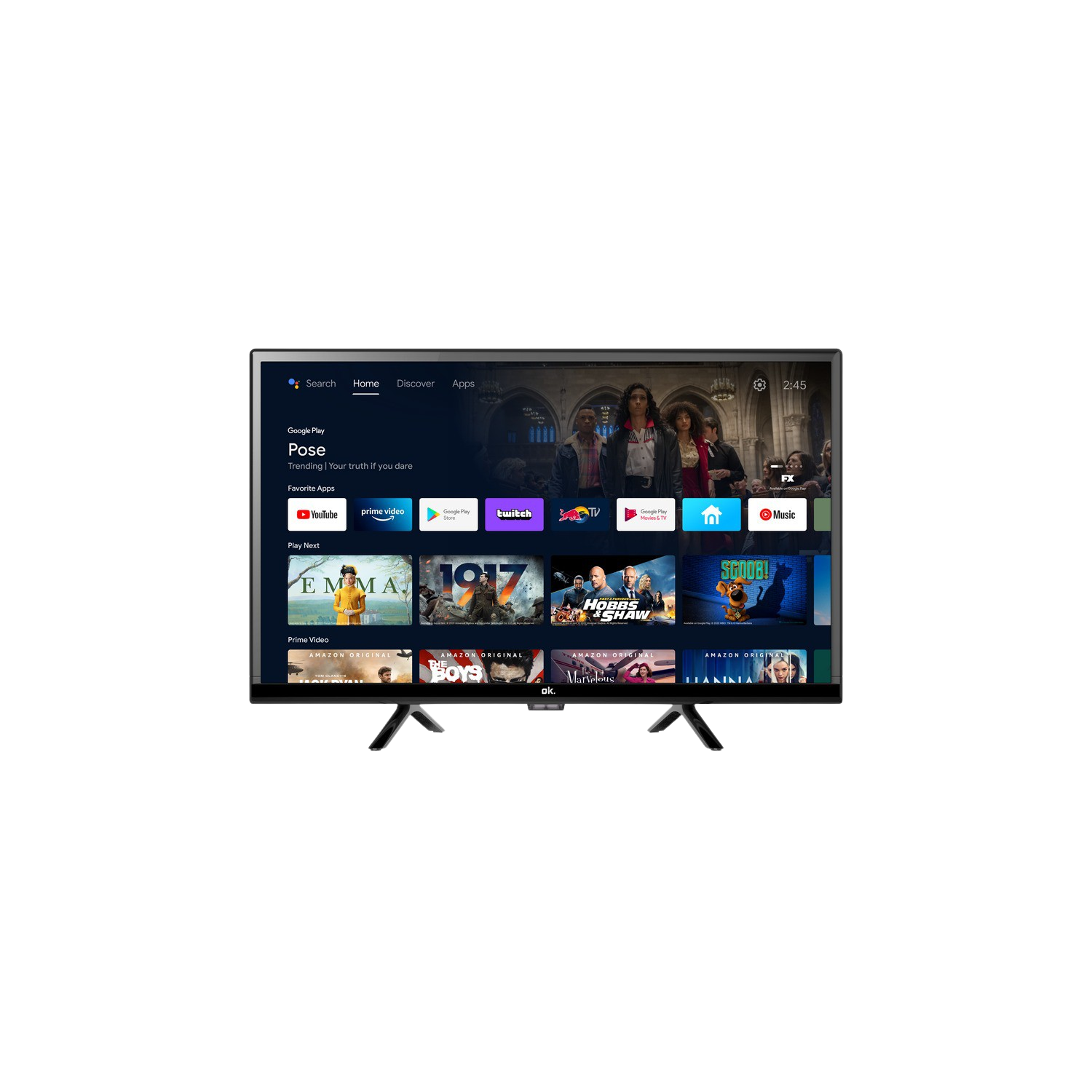 Smart TV mostrando Google Play, aplicaciones populares y un programa llamado 'Pose' sobre fondo negro.