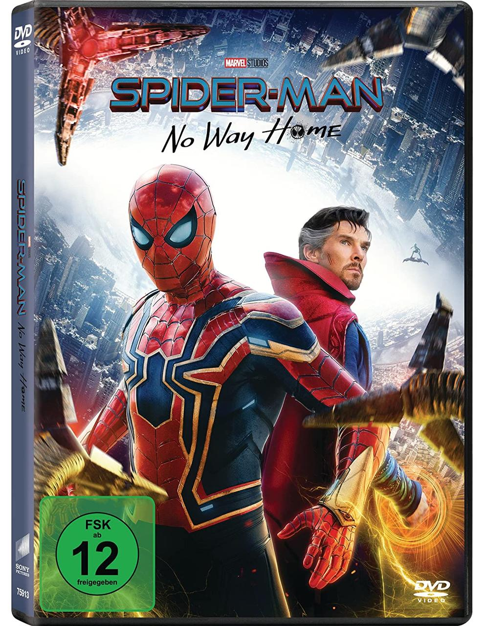 DVD-Cover für Spider-Man: No Way Home. Spider-Man und Doctor Strange sind auf dem Cover abgebildet.