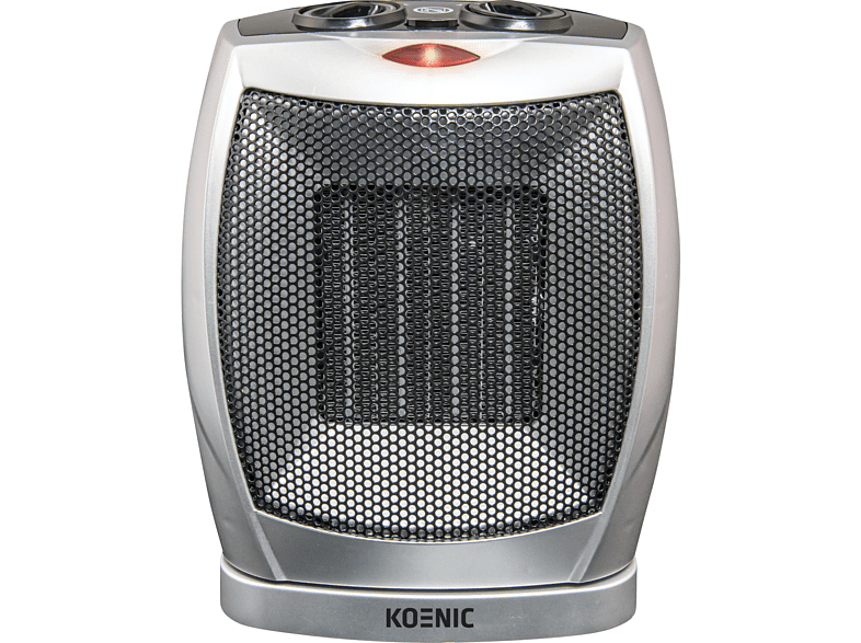 Silver electric heater, black mesh, two knobs, red light.